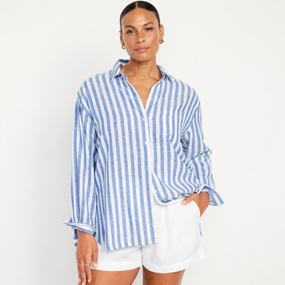Old Navy Blue and White Striped Button-Down Shirt